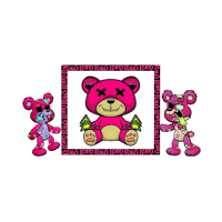 three pink teddy bears on a black background