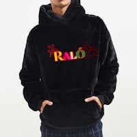 a man wearing a black hoodie with the word ralo on it