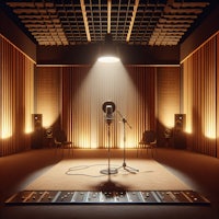 a recording studio with a microphone and speakers