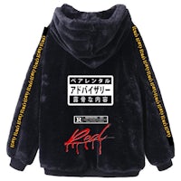 a black hoodie with a japanese logo on it