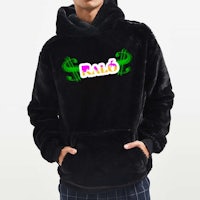 a man wearing a black hoodie with money on it